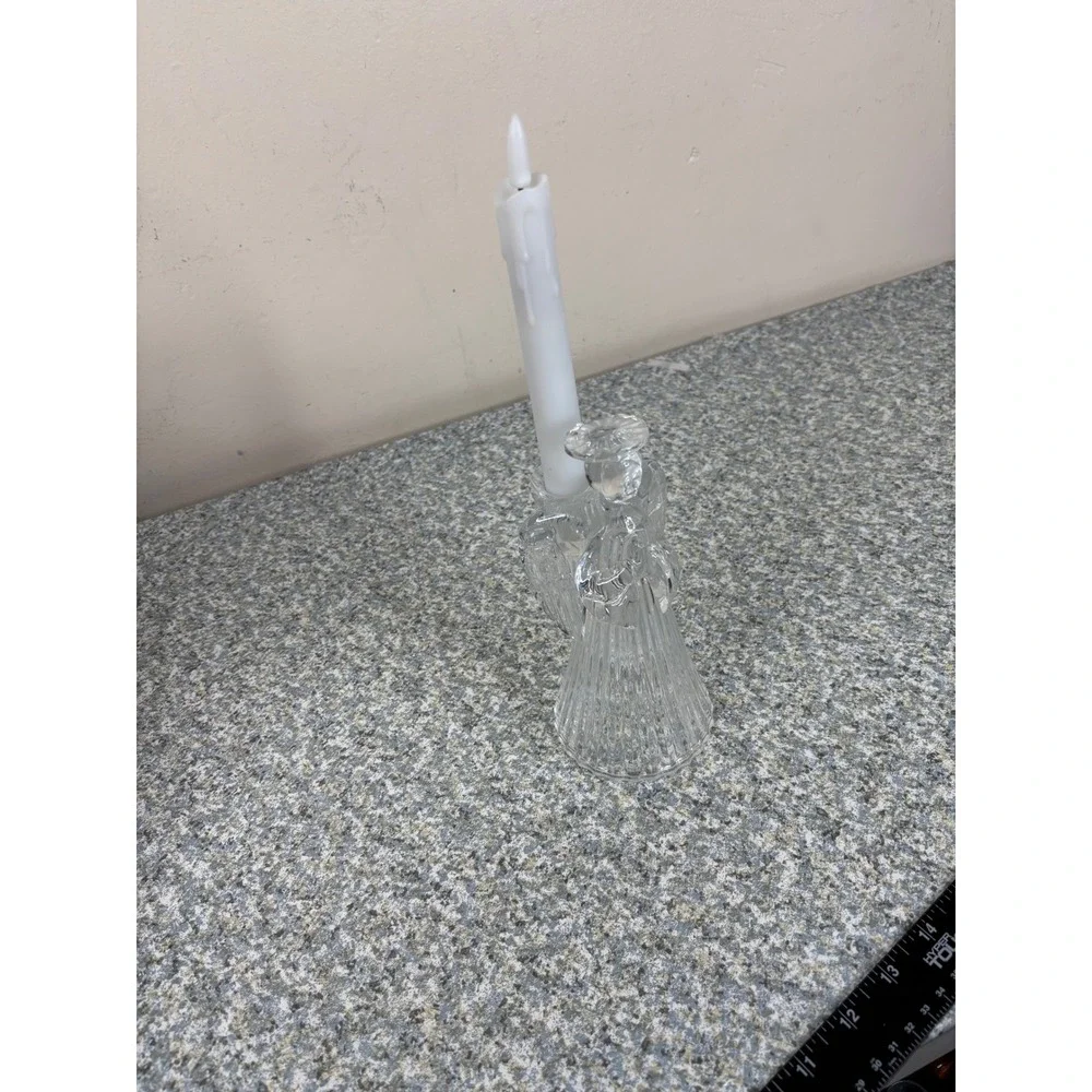 Unbranded Glass Angel Taper Candle Holder Clear Ribbed Praying Figurine 6.25in